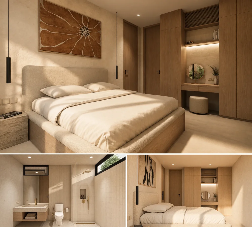 Casa Vela bedroom — warm timber joinery, pendant lighting, garden view through full-height glass