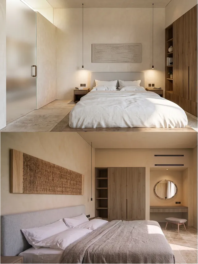 Casa Sorene Canggu bedroom — warm timber joinery, pendant lighting, garden view through full-height glass
