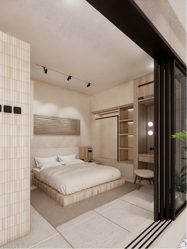 Casa Sorene Berawa bedroom — warm timber joinery, pendant lighting, garden view through full-height glass