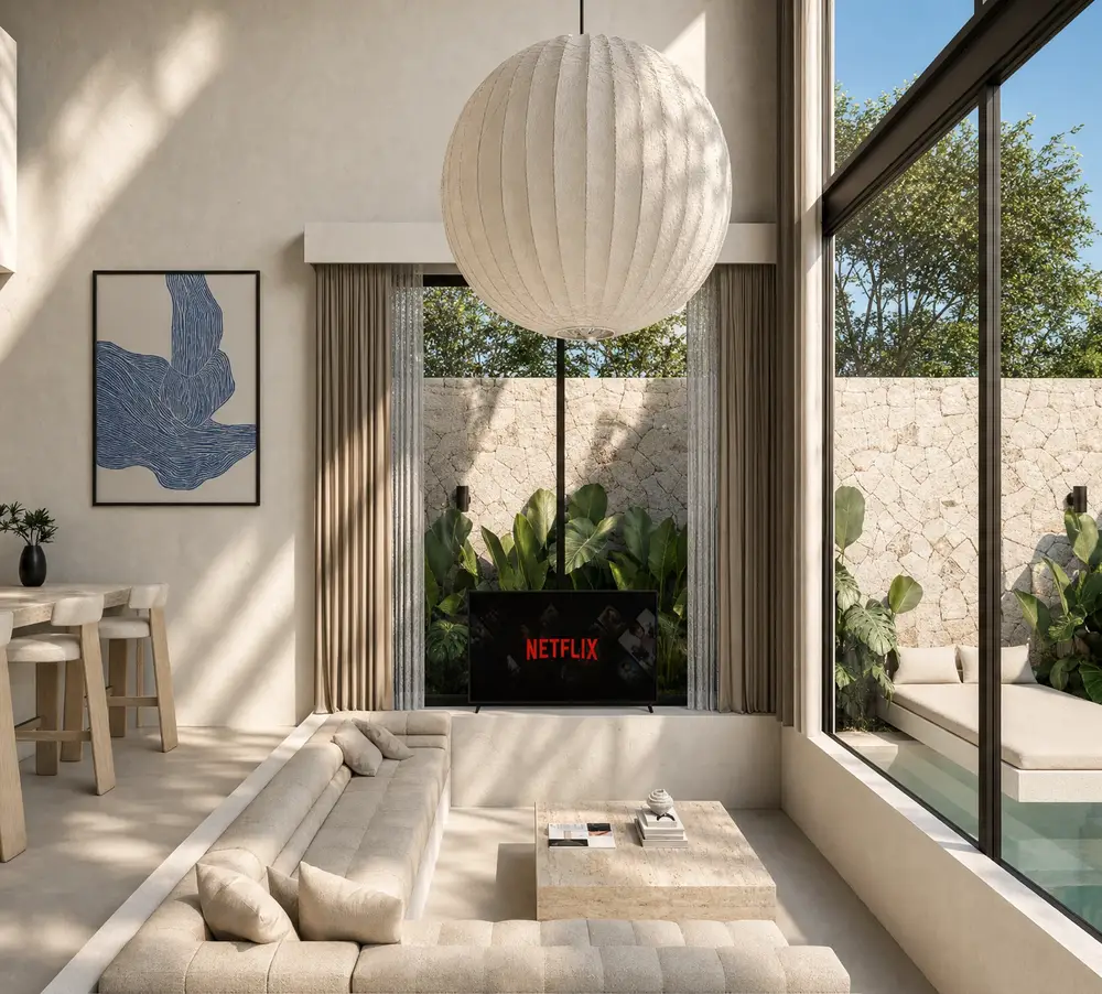 Casa Vela living area — sunken sofa, Netflix TV, pool and garden view through floor-to-ceiling glass